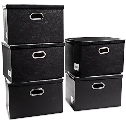 Large Stackable Storage Boxes with Lids [5-Pack] Leather Fabric Foldable Storage Bins Organizer Containers Baskets Cubes with Cover for Bedroom Closet Office Nursery Black(17.7x11.8x11.8) - color: Black, size: Large(5-Pack)