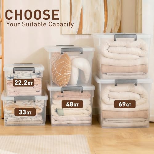 Citylife 33 Qt Ultra-Thick Plastic Clear Storage Bins with Lids, 4-Pack | Heavy-Duty Straight-Wall Plastic Bins with Honeycomb Base and Pinch-Free Latches for Closets, Garages, and Decor, BPA-Free - size: 33 QT, style: 4 Pack