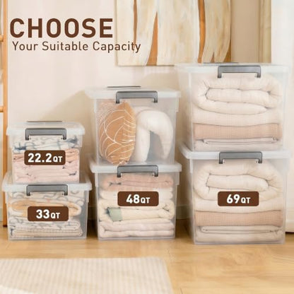Citylife 33 Qt Ultra-Thick Plastic Clear Storage Bins with Lids, 4-Pack | Heavy-Duty Straight-Wall Plastic Bins with Honeycomb Base and Pinch-Free Latches for Closets, Garages, and Decor, BPA-Free - size: 33 QT, style: 4 Pack
