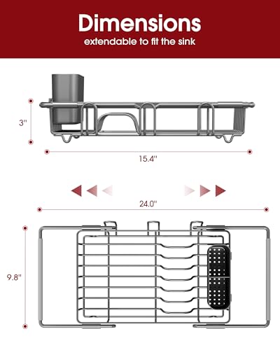 Sakugi Dish Drying Rack in Sink - Expandable Stainless Steel Dish Rack Over the Sink, Kitchen Sink Drain Strainer with Cutlery Holder & Cup Holders, 15.4 x 9.8 x 3.0 Inch, Grey - color: Gray, size: Standard - 15.4" × 9.8" × 3"