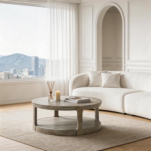 40" Round Coffee Table with Wheels, Circle 2 Tier Solid Wood Center Coffee Table, Mid Century Retro Farmhouse Rounded End Table for Living Room Apartment, ø40 x 17.52" H (Light Brown) - color: D-40" Light Brown