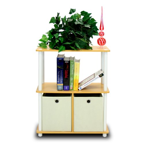 Furinno 99152BE/WH/IV 3-Tier Go Green Multipurpose Storage Rack Shelving Unit Bookshelf Cabinet with 2 Bins, Beech Finish - color: Beech/White, size: 3-Tier with Bin