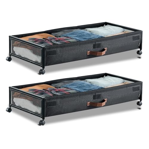 VEVOR Under Bed Storage with Wheels, 36.0 x 18.1 x 7.3 inch, Underbed Containers with Clear Lid, Underbed Shoe Organizer, Rolling Under the Bed Storage Bins for Clothes Shoes Blankets Bedroom, 2 Pack - style: D