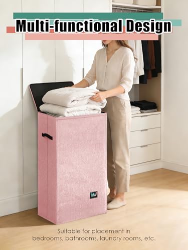 WTREE Laundry Hamper with Lid, Reinforced Sturdy Clothes Hamper with Anti-Puncture Base, Large Collapsible Laundry Basket with Removable Liner Bag, Tall Dirty Clothes Bin for Family, 100L Pink - color: Pink