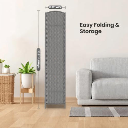 4 Panel Folding Room Divider,Woven Privacy Screen,Grey | Solid wood frame, handcrafted diamond pattern, 6FT tall, extends to 63 inches wide, no assembly required - color: Grey, size: 4-Panel