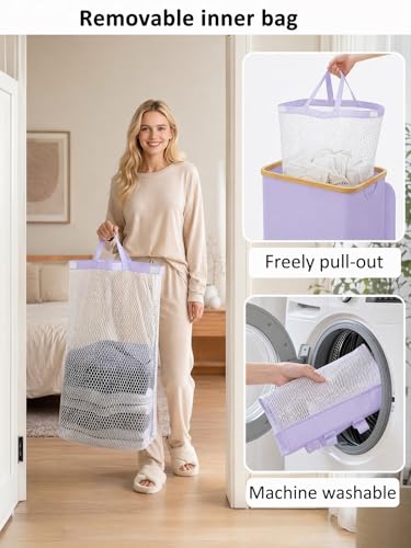 IEGrow Laundry Hamper with Lid,110L Laundry Basket with Mesh Bags,Purple | Dirty Clothes Hamper Basket with Bamboo Handle for Clothes Towels - color: Purple, size: 110L
