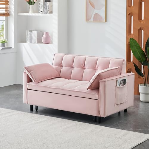 55" Pull Out Sleeper Sofa, Velvet Loveseat with Side Pockets,Pink | Velvet upholstery, 5-level adjustable back, Pull-out bed design, Sturdy frame with side pockets - color: Pink