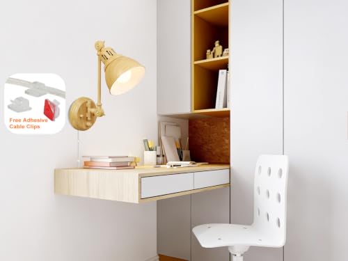 GOODATE 2 Pack Plug in Wall Sconces with Remote Control, Dimming, Adjustable Colors 2700K-6500K, Swing Arm Wall Lamps with Night Light & Timer, Plug-in or Hardwired, LED Bulbs Included, Oak Finish - size: Oak-2 PACK(Bulbs+Remote)