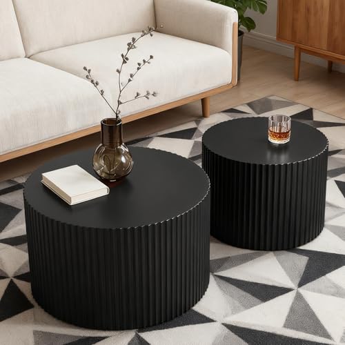 18 inch Round Black Fluted Nesting Coffee Table Set of 2, C Small | Spray Painting Finish, For Living Room, Mid-Century Modern Style, Nestable Design, Nested Side Table, For Small Spaces - color: C Small