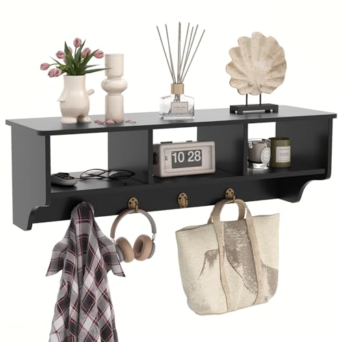 RELAX4LIFE Coat Rack Wall Mount with Shelf, 31’’ Wood Hanging Shelf with Storage, 3 Cubby Compartment & 4 Hooks for Entryway Bathroom Kitchen, Wall Mounted Floating Shelf with Hooks (Black) - color: Black