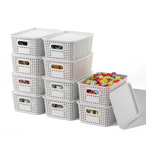 ORGIDOL Plastic Storage Basket with Lids 10 Pack Stackable Storage Bins Containers with Lid, Decorative Storage Boxes for Organizing Shelves, Drawers, Playroom, Classroom, Office, Closet, White - color: White, size: 10 Pack
