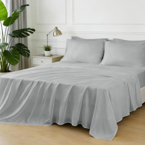 Full Sheet Sets, Cotton Blended Breathable Bed Sheets 4 Piece, Deep Pocket Up to 14", 1 Fitted Sheet, 1 Flat Sheet and 2 Pillowcases (Grey, Full) - color: Grey-4pcs Sheet Set, size: Full