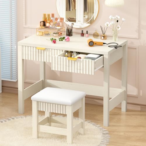 32 Inch Small Fluted Computer Desk with 2 Drawers & Stool for Bedroom | Vanity Desk with Stool, White Computer Desk with Storage, Compact Writing Study Table for Small Spaces - color: White, size: 32-Inch Desk with Stool