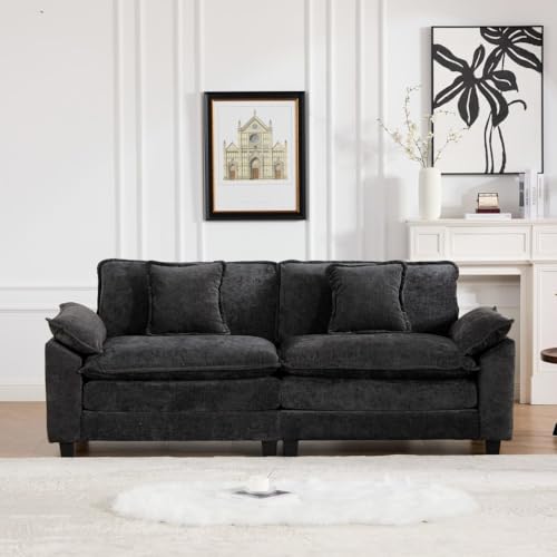 81.9'' Modern Sectional Couch with Double Layer Upholstered Seat Cushion, Chenille LoveSeat Sofa Couch with Wider Armrest and Cushions, Living Room, Bedroom, Apartment, Easy Assembly, Black - color: Black