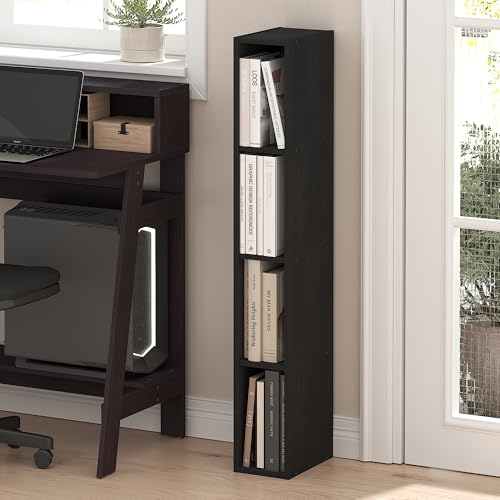 Furinno Fulda Book Shelf, 4-Tier Narrow Bookshelf, Standing Bookcase with 6-in Width Storage Shelf, 9.3 x 5.9 x 41.6, for Organization and Storage, for Living Room, Bedroom, Home Office, Blackwood - color: Blackwood, size: 4-Tier, 6W