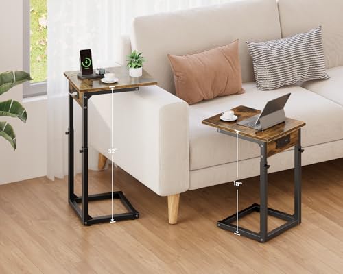 C Shaped End Table with Charging Station, 33"Tall Side Table for Couch, C-Table End Table Adjustable Height Side Table,Slide Under Couch Table TV Tray Table for Sofa,Living Room,Bedroom,Brown - color: Rustic Brown, style: Charging Station
