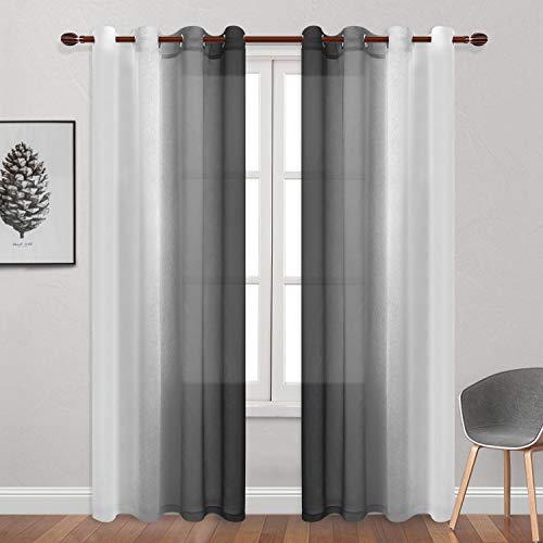 DWCN Black Ombre Sheer Curtains - Faux Linen Gradient Semi Voile Bedroom and Living Room Curtains, Set of 2 Grommet Top Window Curtain Panels, 52 x 84 Inches Long - color: Black, size: 52"W x 84"L (Pack of 2)