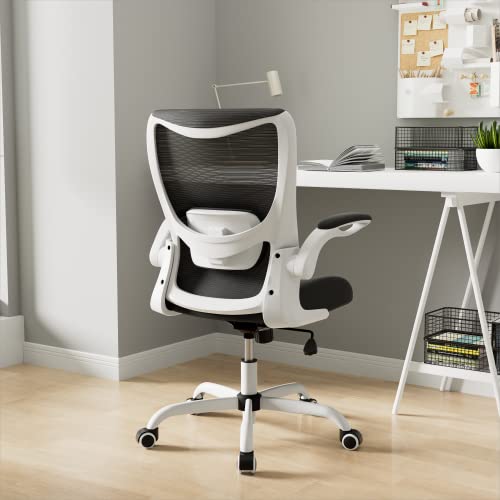 Office Chair, Ergonomic Desk Chair with Adjustable Lumbar Support and Flip up Armrest, Breathable Mesh Computer Chair for Home Office, White - color: White