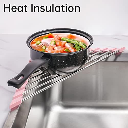 Tomorotec Triangle Foldable Dish Drying Rack, Small Roll-Up Stainless Steel Over Sink Drainer for Kitchen Sink Corner, Rustproof Multipurpose Organizer(Pink) | BPA-Free Food-Grade Silicone Edges Foldable Waterproof Rustproof Heavy-Duty Space Saver Heat Re