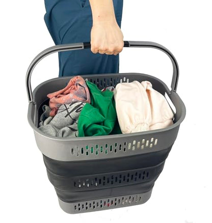 SAMMART 38L (10 Gallon) Collapsible Plastic Laundry Basket - Portable Pop-Up Storage Container/Organizer – Foldable Space Saving Laundry Hamper (2, Grey/Black) - color: Grey/Black