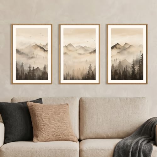 Celestdeco Neutral Misty Mountain Forest Framed Canvas Wall Art-24"x36"x3 | Foggy Pine Tree Landscape Wall Decor,Watercolor Beige Brown Art Prints,Nature Scenery Artwork for Living Room,Bedroom,Office - color: Misty Forest Wall Art, size: 24"L x 36"W