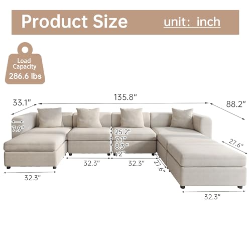 Miuuod 7 Seater Oversized Modular Sectional Sofa L Shape Convertible Couch with 3 Ottomans Deep Seat Upholstered Sleeper Sofa with Hidden Storage Family Living Room Furniture Beige - color: Beige, style: 7 Seats（4 Seats with 3 Ottomans）