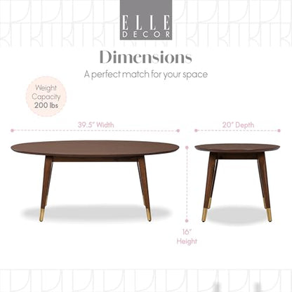 Elle Decor Clemintine Oval Coffee Table, Mid-Century Modern Wood Cocktail Table with Walnut Brown Finish and Brass-Capped Legs for Living Room
