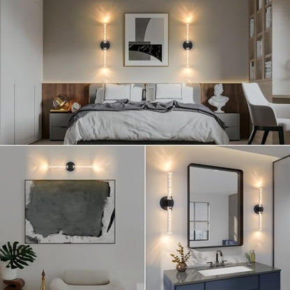 Battery-Operated Wall Sconces Set of 2, Black 20'' Rechargeable Crystal Bubble Wall Sconce with Remote Control, 3000K-6000K Dimmable LED Wireless Wall Lights for Living Room Bedroom Hallway - color: Black