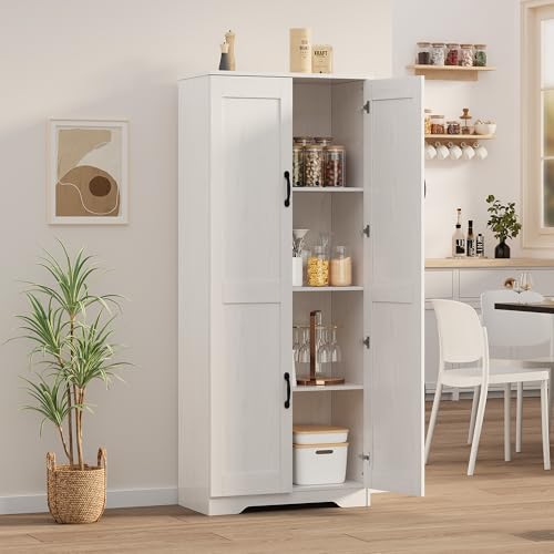 Garvee Kitchen Pantry Cabinet, Freestanding White Pantry Storage Cabinet, 60 in Cupboard, Tall Bathroom Storage Cabinet with 2 Doors and Adjustable Shelves, for Dining Room, Living Room, White | Kitchen Storage Cabinet with 2 Doors & Adjustable Shelves, W
