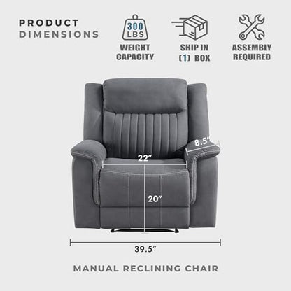 Lexicon Polished Microfiber Wall Hugger Manual Reclining Chair, Gray | 39.5"W Manual Recliner, Home Theater Seating for Living Room/Office/Apartment - color: Grey, size: Recliner