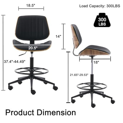 Drafting Chair for Standing Desk, Armless Tall Office Chair with Bentwood Backrest, Adjustable Height, Footrest Ring and Swivel Seat, PU Leather (Black) - color: Black