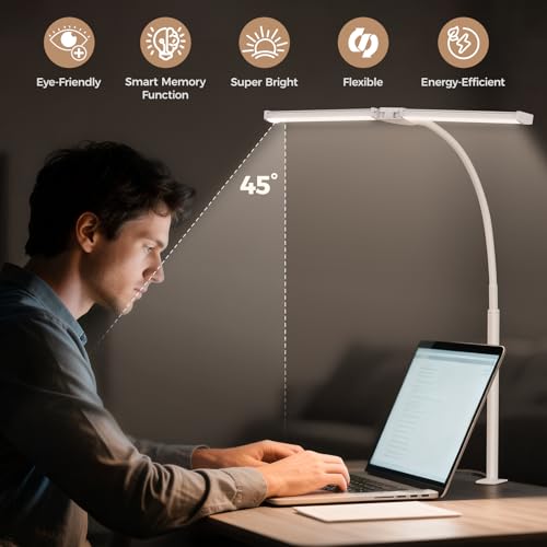 LED Desk Lamp for Home Office, Double Head Desk Light with Clamp | 3 Modes 10 Brightness, Long Flexible Goose-Neck, Eye-Caring, Memory Function, Energy Efficient, USB Adapter, Metal, White - color: White Pro