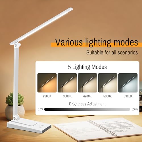 Rechargeable LED Desk Lamp, 5 Color Modes with 5 Brightness | 800LM 2600mAh Reading Table Lamp, Aluminum Bedside Lamp with USB Charging Port for Study Home Office, White - color: White