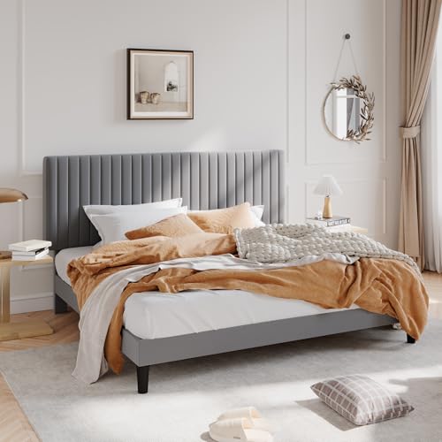 SHA CERLIN King Upholstered Platform Bed Frame with Vertical Channel Tufted Velvet Fabric Adjustable Headboard, Wooden Slats Support, Mattress Foundation, Box Spring Optional, Grey - color: Grey, size: King