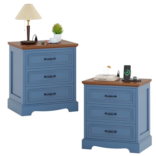Farmhouse Nightstand Set of 2 with Charging Station, 3 Drawers Navy Blue | 21.7" W End Table for Bedroom, Wood Modern Bedside Cabinet for Living Room, Dresser for Small Place, 2pcs - color: Blue, size: 3 Drawers