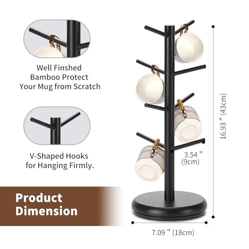 BAMBANG Mug Holder, 360° Rotating Mug Tree Holds 8 Coffee Cups, Space Saving Mug Rack with Stable Base for Kitchen Coffee Bar - color: Black