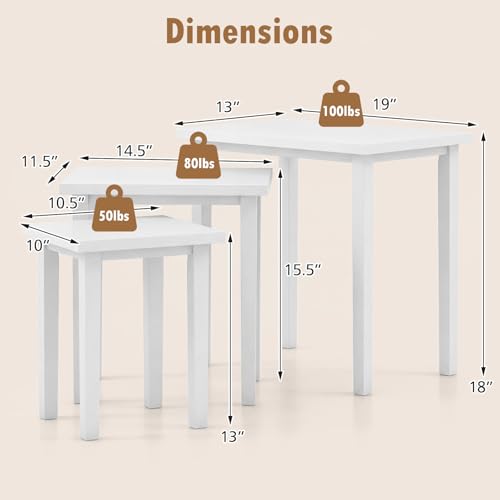 Giantex Nesting Tables Set of 3, Farmhouse Stacking Side Table with Rubber Legs, Wooden Rectangle Accent End Table, Nesting Coffee Tables for Living Room Bedroom (White) - color: White