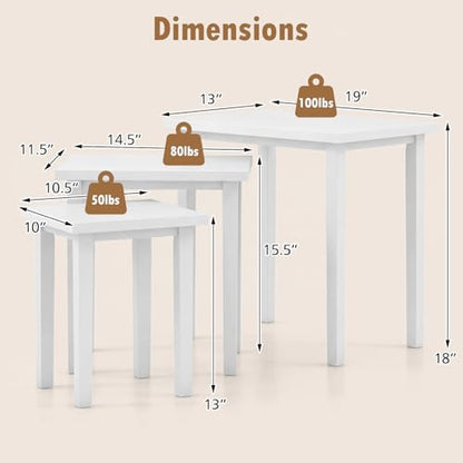 Giantex Nesting Tables Set of 3, Farmhouse Stacking Side Table with Rubber Legs, Wooden Rectangle Accent End Table, Nesting Coffee Tables for Living Room Bedroom (White) - color: White
