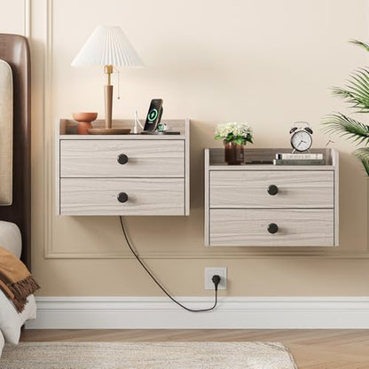 Floating Nightstand Set of 2 with 2 Storage Drawers and Charging Station | Wood Wall Mounted Bedside End Table Modern Night Stands set 2 for Bedroom,Small Space,Grey Black - color: Grey-black