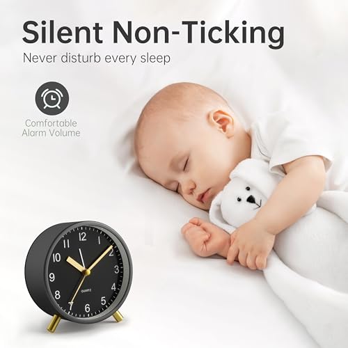 JALL Analog Alarm Clock, 4 inch Super Silent Non Ticking Small Clock with Night Light, Battery Operated, Simple Design, Easy Setting for Office, Bedroom, Bedside, Desk, Teens, Elders, Adult, Black - color: Black+gold