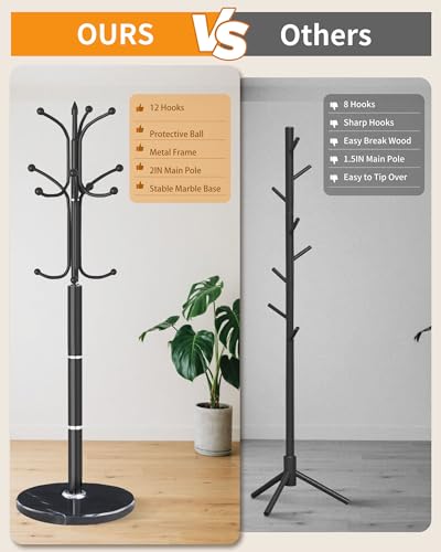 Modern Coat Rack Stand, Metal Freestanding Coat Rack with Natural Marble Base, Heavy-Duty Coat Racks with 12 Hooks,Black Coat Hanger Tree Stand for Office, Entryway, Hallway - color: Black