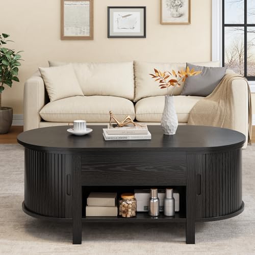 43.3" Oval Lift Top Fluted Coffee Table with Sliding Door, Black | Mid-Century Modern Fluted Coffee Table with Lift Tabletop & Multi-Storage Spaces, Dining Table for Living Room, Home Office - color: Black