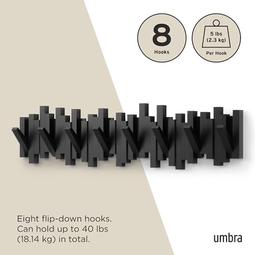 Umbra Sticks Wall Coat Rack, Wall Mount 8 Retractable Hooks, Black | Modern sculptural look, holds five pounds each, fits entryways and bedrooms, easy to install, recycled plastic - color: Black, size: 8-Hook