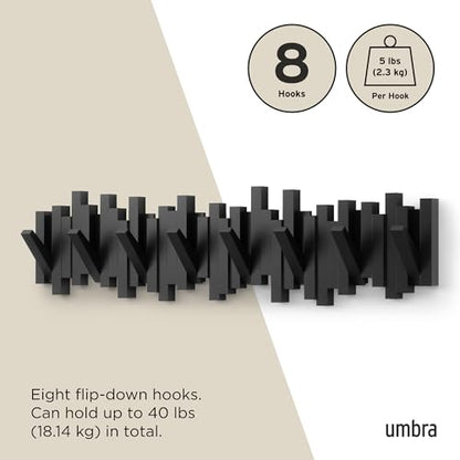 Umbra Sticks Wall Coat Rack, Wall Mount 8 Retractable Hooks, Black | Modern sculptural look, holds five pounds each, fits entryways and bedrooms, easy to install, recycled plastic - color: Black, size: 8-Hook
