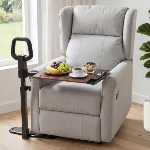 PELEGON Tray Table, 360° Swivel Table for Recliner, Adjustable Height with X-Large Table for Eating and Laptop, TV Trays for Couches & Chairs with Ergonomic Stand Assist Safety Handle for Elderly - color: Dark Wood