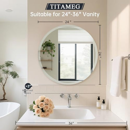 Frameless Round Mirror 24 Inch, Round Mirror with 1 inch Beveled Edge, Beveled Bathroom Mirrors for Vanity, Living Room, Entryways - size: 24"L x 24"W