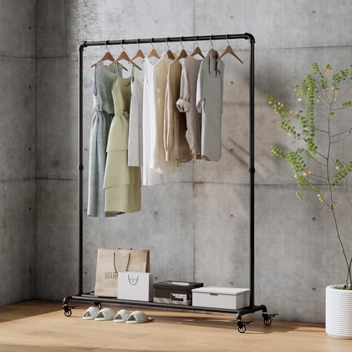 Industrial Pipe Clothing Rack with Wheels,Rolling Garment Rack with Bottom Shelf, Sturdy Metal Clothes Rack for Hanging Clothes Heavy Duty,Black Mobile Wardrobe Rack for Bedroom & Boutique