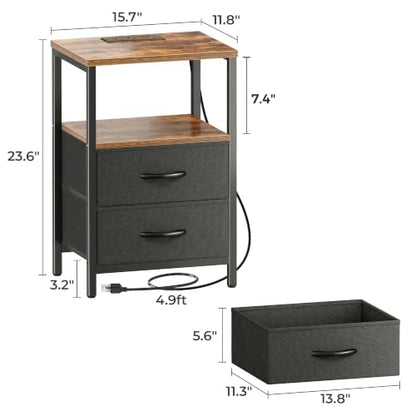 Huuger Nightstand with Charging Station, Side Table with Fabric Drawers, End Table with Open Shelf, Bedside Table with USB Ports and Outlets, Night Stand for Bedroom, Rustic Brown and Black | End Table with Open Shelf, Bedside Table with USB Ports and Out
