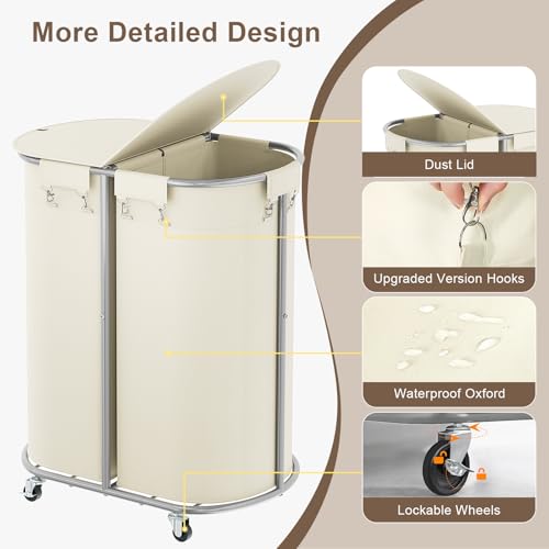 200L Double Laundry Hamper with Lid & Wheels, Oval Rolling Laundry Basket | Gasvadivum Sturdy Metal Large Laundry Cart with 2 Removable Bags, Dirty Clothes Hamper 2 section for Bathroom, Bedroom, Beige - color: Beige, size: 200L(24.8"L x 16.9"W x 31.5"H)