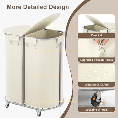 200L Double Laundry Hamper with Lid & Wheels, Oval Rolling Laundry Basket | Gasvadivum Sturdy Metal Large Laundry Cart with 2 Removable Bags, Dirty Clothes Hamper 2 section for Bathroom, Bedroom, Beige - color: Beige, size: 200L(24.8"L x 16.9"W x 31.5"H)